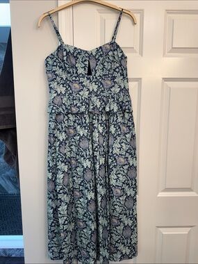 Floral Navy & Mint Midi Dress with Spaghetti Straps